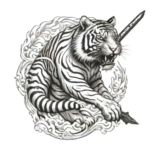 tiger holding a sword on fire tattoo design idea