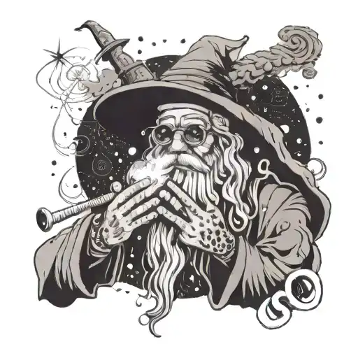 A tech-savvy wizard casting spells with marijuana smoke forming mystical symbols, with hiphop beats playing in the background tattoo design idea