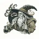 A tech-savvy wizard casting spells with marijuana smoke forming mystical symbols, with hiphop beats playing in the background tattoo design idea