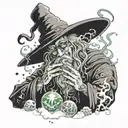 A tech-savvy wizard casting spells with marijuana smoke forming mystical symbols, with hiphop beats playing in the background tattoo design idea