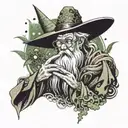 A tech-savvy wizard casting spells with marijuana smoke forming mystical symbols, with hiphop beats playing in the background tattoo design idea