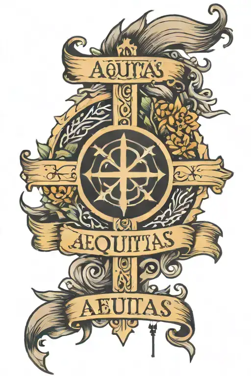 black back cross with black circle around it and the words aequitas and veritas around the cross tattoo design idea