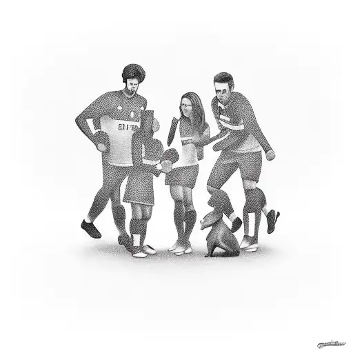 A realistic depiction of the client's family, holding coffee mugs and wearing soccer jerseys, with a subtle biblical scripture incorporated in the background tattoo design idea