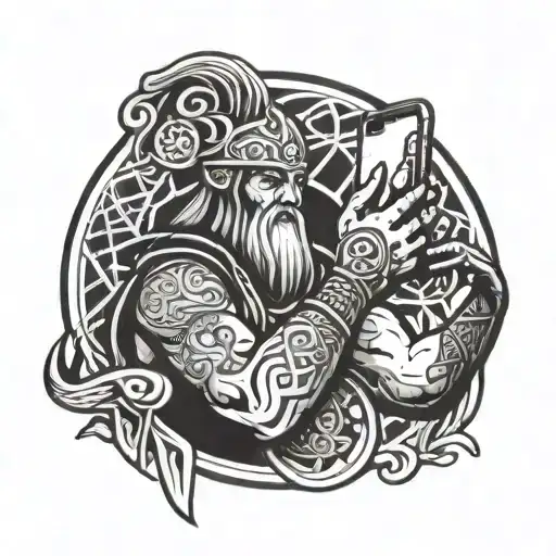 A tattoo of a Celtic warrior holding a smartphone, blending the old and the new tattoo design idea