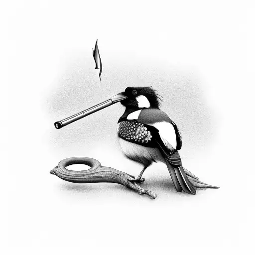 A magpie holding a smoking pipe in its beak tattoo design idea
