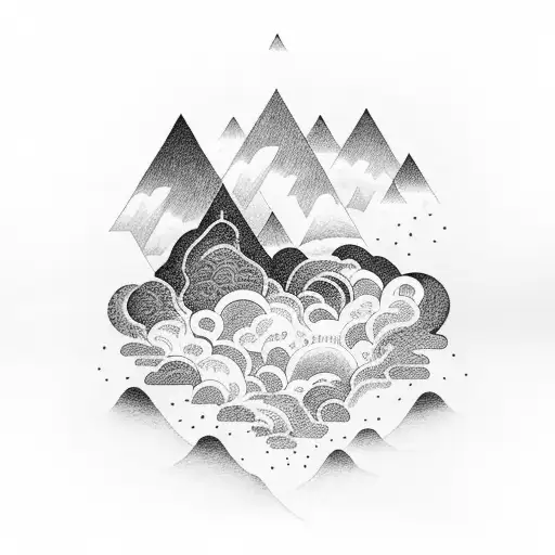 An intricate design of a thunderstorm brewing over a mountain range with lightning striking down tattoo design idea