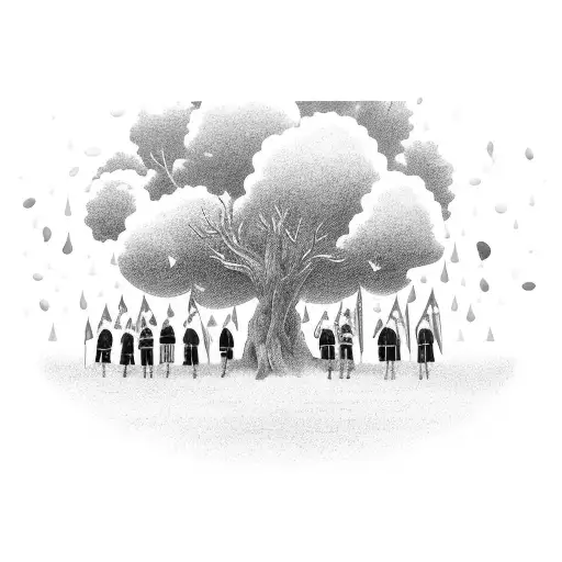 A group of friends huddled together under a tree during a thunderstorm, showcasing the bond between friends and the awe-inspiring force of nature tattoo design idea
