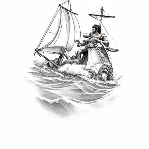 A depiction of the Greek hero Odysseus battling a sea monster while sailing towards his next adventure tattoo design idea