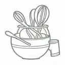 A minimalist tattoo of a mixing bowl with a whisk and measuring spoons, representing your passion for baking and creating delicious desserts tattoo design idea