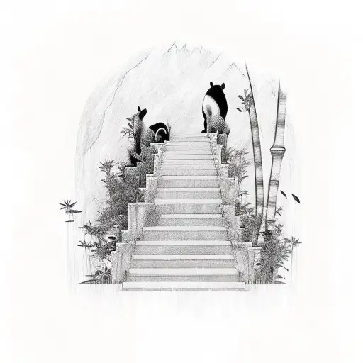 An old staircase ascending to a floating Panda head, framed by a lotus flower and bamboo trees alon tattoo design idea