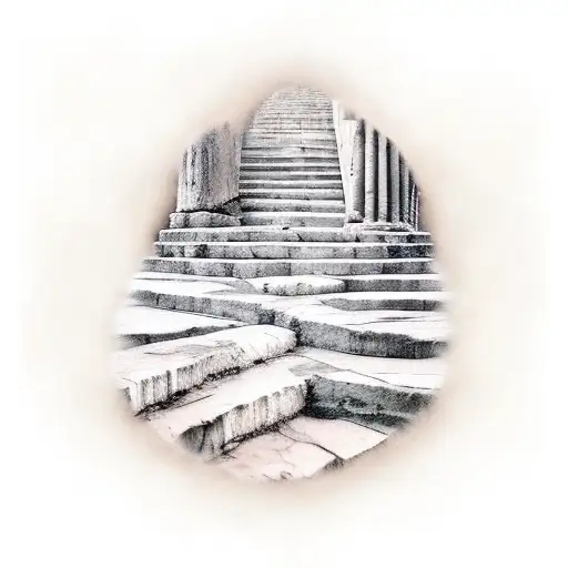 Design a captivating and symbolic tattoo featuring an ancient, weathered staircase leading upwards. On the top step, cre tattoo design idea