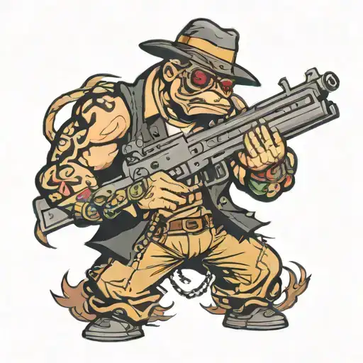 pew gangster holding gun wrapped tattoo design idea