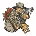 pew gangster holding gun wrapped tattoo design idea