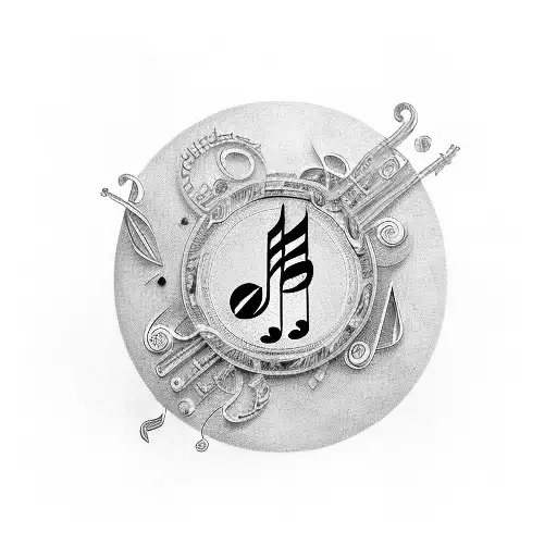 An intricate composition of musical notes and symbols intertwined with stylized bottles and pills, symbolizing the client's passion for music and substances tattoo design idea