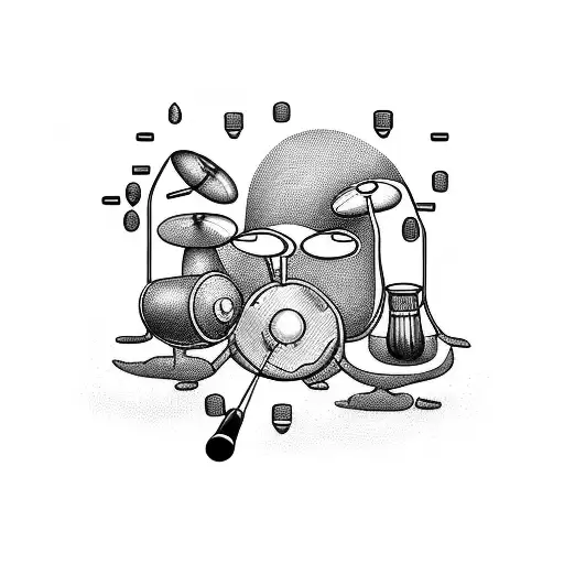 A surreal tattoo depicting a drum set floating in a cocktail glass filled with swirling liquid and pills, representing the client's unique combination of passions tattoo design idea