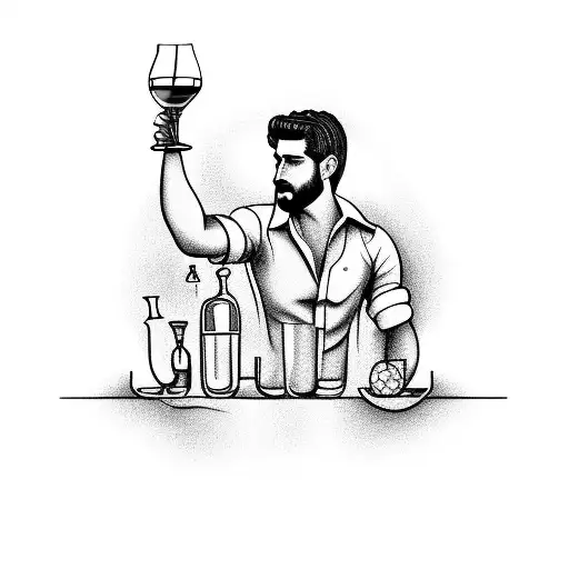 A bartender mixing a cocktail with psychedelic patterns and a Greek god holding a wine glass in the background tattoo design idea