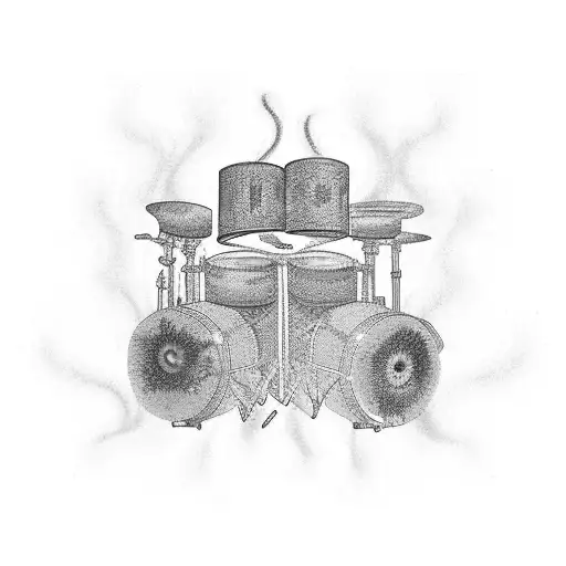 A psychedelic drum set surrounded by swirling smoke and colorful liquid, representing the client's love for drums, drugs, and alcohol tattoo design idea