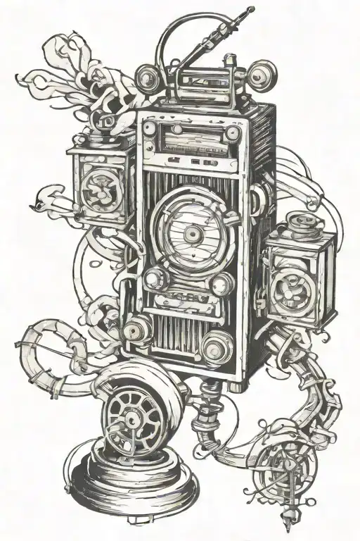 radio and film strip winding tattoo design idea