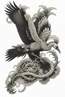 Japanese crane flying above Japanese dragon flying tattoo design idea