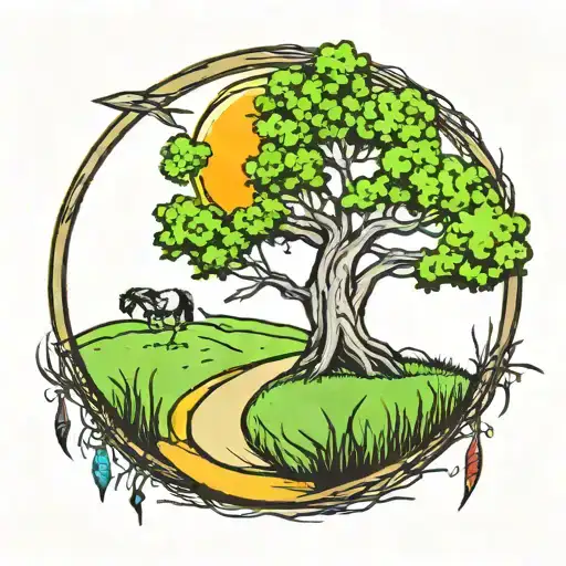willow tree, moon, horse shoe, arrow head tattoo design idea
