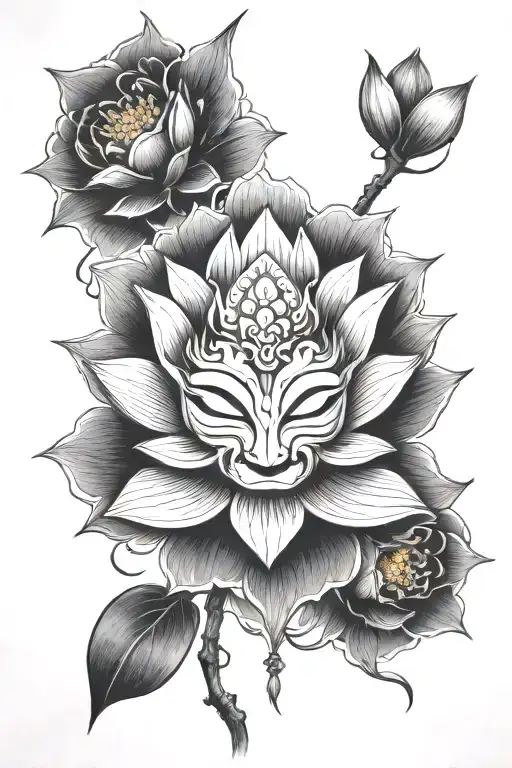 lotus flower and ronin mask tattoo design idea