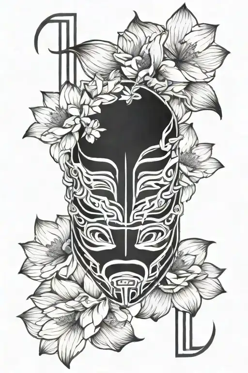 lotus flower and ronin mask split in half tattoo design idea
