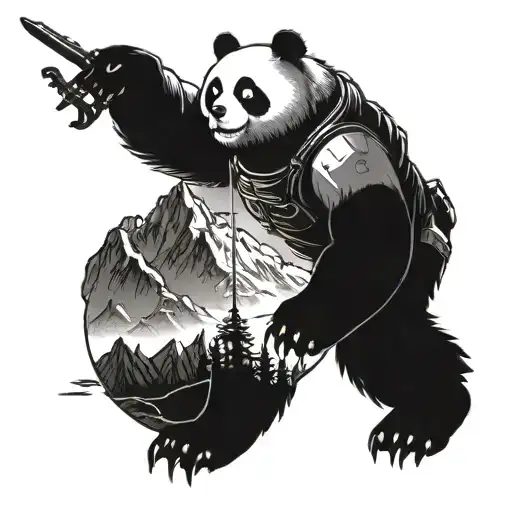 A futuristic Halo Infinite inspired tattoo featuring a majestic mountain landscape in the background, with a panda warrior fighting off monsters in the foreground tattoo design idea