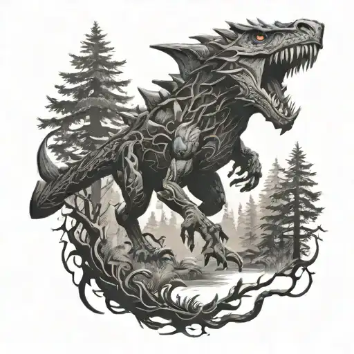 A intricate black and grey tattoo of a monster hunter tracking a mythical creature through a dense forest filled with towering trees tattoo design idea