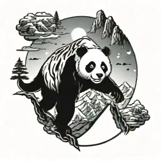 A futuristic Halo Infinite inspired tattoo featuring a majestic mountain landscape in the background, with a panda warrior fighting off monsters in the foreground tattoo design idea