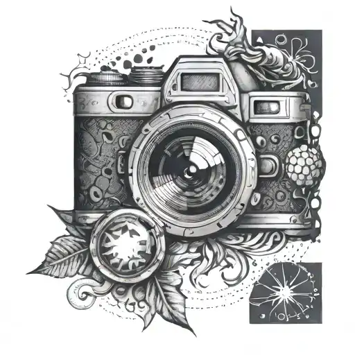A dotwork tattoo of a camera lens surrounded by elements from Monster Hunter, such as weapons and creatures, symbolizing the client's passion for photography and gaming tattoo design idea