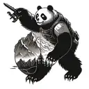 A futuristic Halo Infinite inspired tattoo featuring a majestic mountain landscape in the background, with a panda warrior fighting off monsters in the foreground tattoo design idea