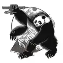 A futuristic Halo Infinite inspired tattoo featuring a majestic mountain landscape in the background, with a panda warrior fighting off monsters in the foreground tattoo design idea