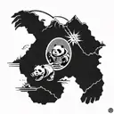 A futuristic Halo Infinite inspired tattoo featuring a majestic mountain landscape in the background, with a panda warrior fighting off monsters in the foreground tattoo design idea
