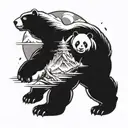 A futuristic Halo Infinite inspired tattoo featuring a majestic mountain landscape in the background, with a panda warrior fighting off monsters in the foreground tattoo design idea