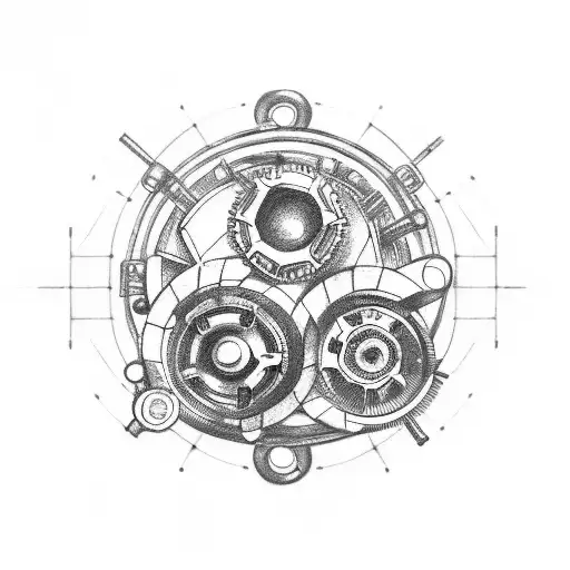Mechanical gears and bicycle chain interlocking with racing car wheels tattoo design idea