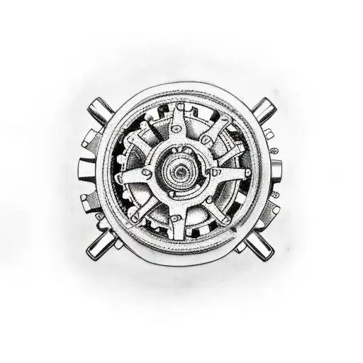 Mechanical gears and bicycle chain interlocking with racing car wheels tattoo design idea