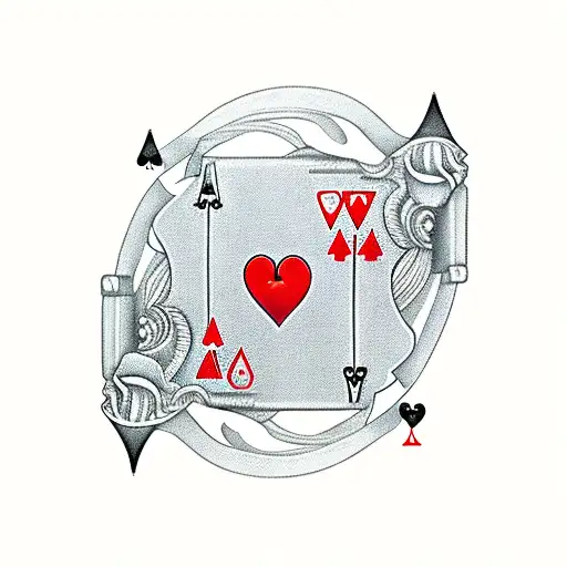 a 7 of spades and a 2 of hearts surrounded by 3 red die and two white die tattoo design idea