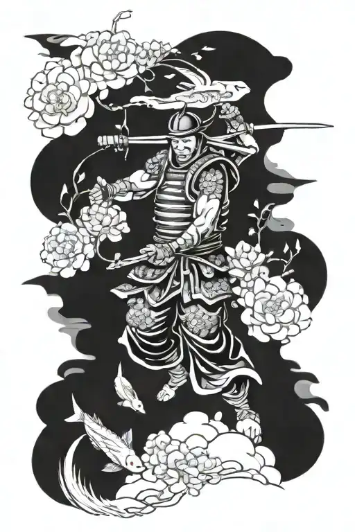ronin warrior, fuji background black, koi fish swimming, sakura blumen, traditionel japan tattoo design idea
