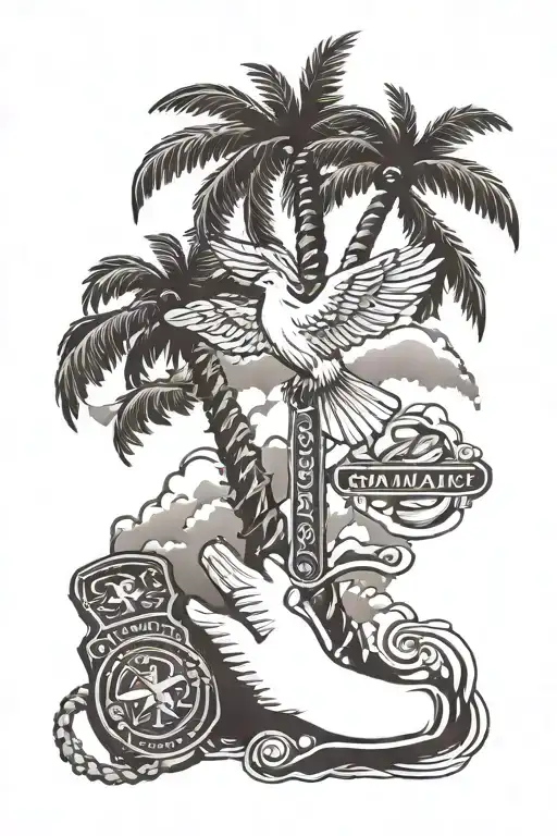 a paramedic logo, dog tags, a palm tree, a dove, praying hands and a scroll with clouds surrounding  tattoo design idea