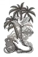 a paramedic logo, dog tags, a palm tree, a dove, praying hands and a scroll with clouds surrounding  tattoo design idea