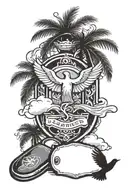 a paramedic logo, dog tags, a palm tree, a dove, praying hands and a scroll with clouds surrounding  tattoo design idea