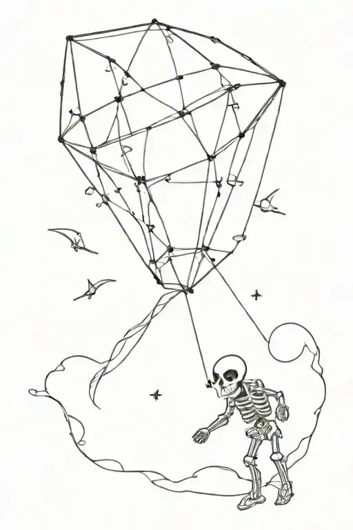 minimal tattoo from UFO with skeleton flying a kite tattoo design idea