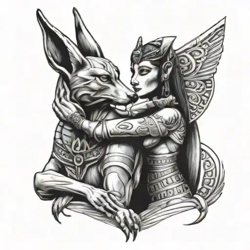 Anubis hugs Bastet Egyptian Goddess tattoo design idea