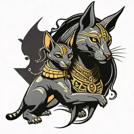 Anubis hugs Bastet Egyptian Goddess tattoo design idea