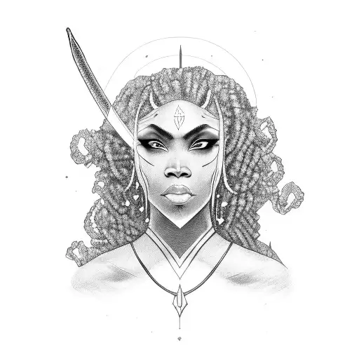 face and shoulder, black woman warrior, face covered, sword and staff behind back tattoo design idea