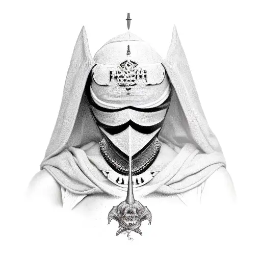 face and shoulder, face covered by hood and mask, black woman warrior, face covered, sword and staff behind back tattoo design idea