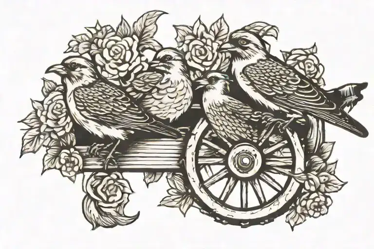 three birds on a wagon wheel tattoo design idea
