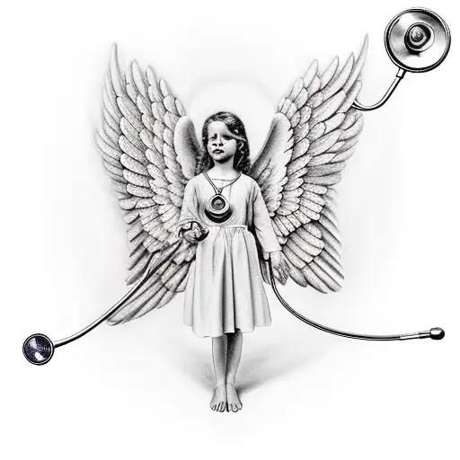 A realistic angel holding a stethoscope, symbolizing the healing power of medicine. tattoo design idea