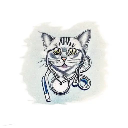 Design a traditional style tattoo of a cat wearing a stethoscope tattoo design idea
