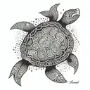 A stylized turtle with the words WALANG TITULO hidden within its shell, representing the idea of adaptability and resilience in the cryptocurrency world tattoo design idea